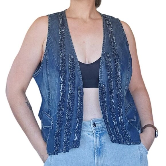 Chico's Ruffle Open Front Denim Vest Women's XL 90s Retro Boho Casual Western - Picture 1 of 8